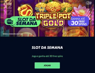 Promoção da slot da semana no Solverde.pt com destaque para o jogo Triple Pot Gold e oferta de até 30 free spins